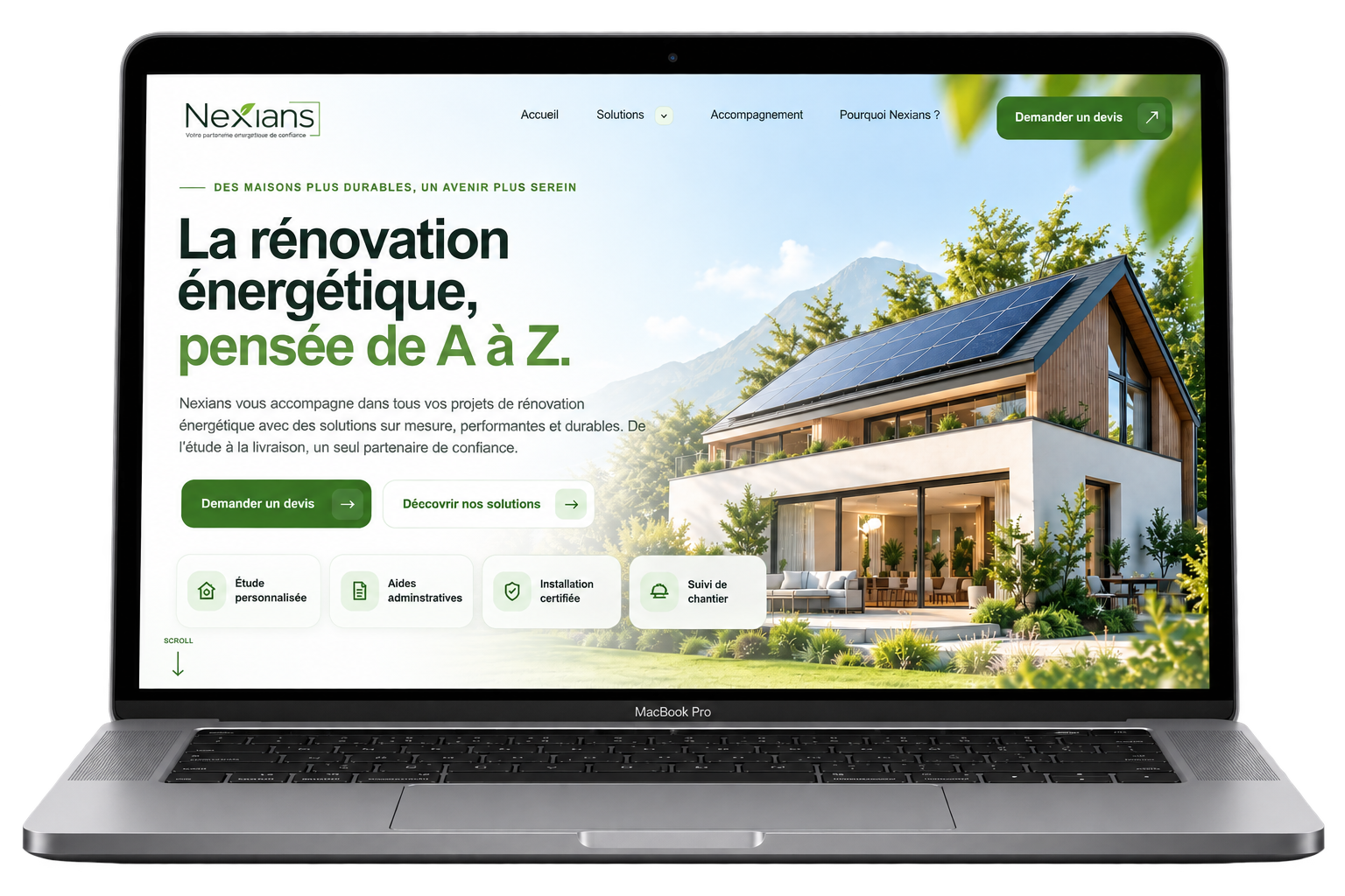 Nexians — site de rénovation énergétique présenté sur un ordinateur portable